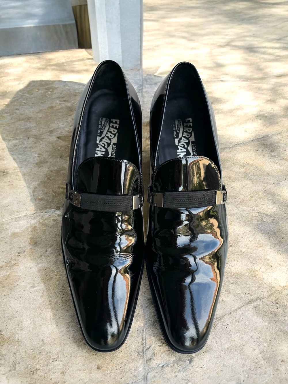 Salvatore Ferragamo Patent Leather Black Tuxedo Loafers Dress Shoes